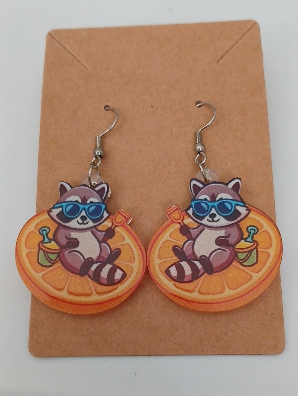 Fashion Jewelry Orange Slice Raccoon Earrings with Blue Sunglasses